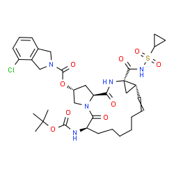 ChemSpider 2D Image | (2R,6R,13aS,14aR,16aS)-14a-[(Cyclopropylsulfonyl)carbamoyl]-6-({[(2-methyl-2-propanyl)oxy]carbonyl}amino)-5,16-dioxo-1,2,3,5,6,7,8,9,10,11,13a,14,14a,15,16,16a-hexadecahydrocyclopropa[e]pyrrolo[1,2-a]
[1,4]diazacyclopentadecin-2-yl 4-chloro-1,3-dihydro-2H-isoindole-2-carboxylate | C35H46ClN5O9S