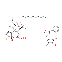 ChemSpider 2D Image | (1aR,1bS,4aR,7aS,7bS,8R,9R,9aS)-9a-Acetoxy-4a,7b-dihydroxy-3-(hydroxymethyl)-1,1,6,8-tetramethyl-5-oxo-1a,1b,4,4a,5,7a,7b,8,9,9a-decahydro-1H-cyclopropa[3,4]benzo[1,2-e]azulen-9-yl tetradecanoate - (5
R)-3,4-dihydroxy-5-[(4S)-2-phenyl-1,3-dioxolan-4-yl]-2(5H)-furanone (1:1) (non-preferred name) | C49H68O14