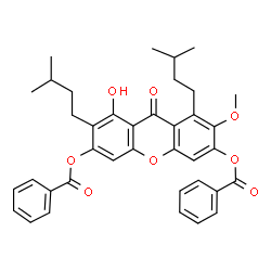 ChemSpider 2D Image | 1-Hydroxy-7-methoxy-2,8-bis(3-methylbutyl)-9-oxo-9H-xanthene-3,6-diyl dibenzoate | C38H38O8