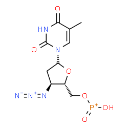ChemSpider 2D Image | 1-{3-Azido-2,3-dideoxy-5-O-[hydroxy(oxo)phosphonio]-alpha-D-erythro-pentofuranosyl}-5-methyl-2,4(1H,3H)-pyrimidinedione | C10H13N5O6P