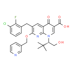 ChemSpider 2D Image | 6-(3-Chloro-2-fluorobenzyl)-1-[(2S)-1-hydroxy-3,3-dimethyl-2-butanyl]-4-oxo-7-(3-pyridinylmethoxy)-1,4-dihydro-1,8-naphthyridine-3-carboxylic acid | C28H27ClFN3O5