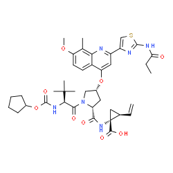ChemSpider 2D Image | N-[(Cyclopentyloxy)carbonyl]-3-methyl-L-valyl-(4R)-N-[(1R,2S)-1-carboxy-2-vinylcyclopropyl]-4-({7-methoxy-8-methyl-2-[2-(propionylamino)-1,3-thiazol-4-yl]-4-quinolinyl}oxy)-D-prolinamide | C40H50N6O9S