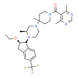 ChemSpider 2D Image | (4,6-Dimethyl-5-pyrimidinyl)(4-{(3S)-4-[(1R,2R)-2-ethoxy-5-(trifluoromethyl)-2,3-dihydro-1H-inden-1-yl]-3-methyl-1-piperazinyl}-4-methyl-1-piperidinyl)methanone | C30H40F3N5O2