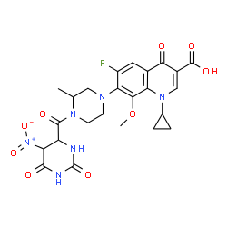 ChemSpider 2D Image | 1-Cyclopropyl-6-fluoro-8-methoxy-7-{3-methyl-4-[(5-nitro-2,6-dioxohexahydro-4-pyrimidinyl)carbonyl]-1-piperazinyl}-4-oxo-1,4-dihydro-3-quinolinecarboxylic acid | C24H25FN6O9