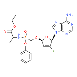 ChemSpider 2D Image | Ethyl N-[({[(2R,5R)-5-(6-amino-9H-purin-9-yl)-4-fluoro-2,5-dihydro-2-furanyl]oxy}methyl)(phenoxy)phosphoryl]alaninate | C21H24FN6O6P