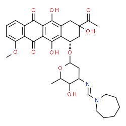 ChemSpider 2D Image | (1S)-3-Acetyl-3,5,12-trihydroxy-10-methoxy-6,11-dioxo-1,2,3,4,6,11-hexahydro-1-tetracenyl 3-[(E)-(1-azepanylmethylene)amino]-2,3,6-trideoxyhexopyranoside | C34H40N2O10