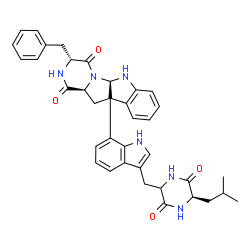ChemSpider 2D Image | (3R,5aR,11aS)-3-Benzyl-10b-(3-{[(5R)-5-isobutyl-3,6-dioxo-2-piperazinyl]methyl}-1H-indol-7-yl)-6,10b,11,11a-tetrahydro-2H-pyrazino[1',2':1,5]pyrrolo[2,3-b]indole-1,4(3H,5aH)-dione | C37H38N6O4