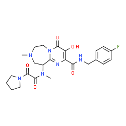 ChemSpider 2D Image | N-(4-Fluorobenzyl)-3-hydroxy-8-methyl-10-{methyl[oxo(1-pyrrolidinyl)acetyl]amino}-4-oxo-4,6,7,8,9,10-hexahydropyrimido[1,2-d][1,4]diazepine-2-carboxamide | C24H29FN6O5