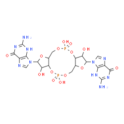 ChemSpider 2D Image | 9,9'-(3,5,10,12-Tetrahydroxy-5,12-dioxidooctahydro-2H,7H-difuro[3,2-d:3',2'-j][1,3,7,9,2,8]tetraoxadiphosphacyclododecine-2,9-diyl)bis(2-amino-3,9-dihydro-6H-purin-6-one) | C20H24N10O14P2