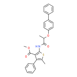 ChemSpider 2D Image | Methyl 2-{[2-(4-biphenylyloxy)propanoyl]amino}-5-methyl-4-phenyl-3-thiophenecarboxylate | C28H25NO4S