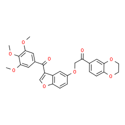 ChemSpider 2D Image | 1-(2,3-Dihydro-1,4-benzodioxin-6-yl)-2-{[3-(3,4,5-trimethoxybenzoyl)-1-benzofuran-5-yl]oxy}ethanone | C28H24O9