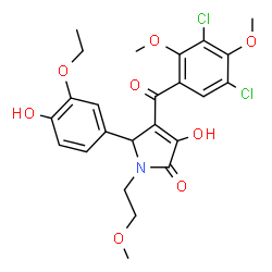ChemSpider 2D Image | 4-(3,5-Dichloro-2,4-dimethoxybenzoyl)-5-(3-ethoxy-4-hydroxyphenyl)-3-hydroxy-1-(2-methoxyethyl)-1,5-dihydro-2H-pyrrol-2-one | C24H25Cl2NO8