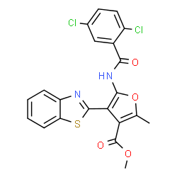 ChemSpider 2D Image | Methyl 4-(1,3-benzothiazol-2-yl)-5-[(2,5-dichlorobenzoyl)amino]-2-methyl-3-furoate | C21H14Cl2N2O4S