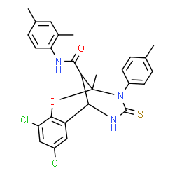 ChemSpider 2D Image | 4,6-Dichloro-N-(2,4-dimethylphenyl)-9-methyl-10-(4-methylphenyl)-11-thioxo-8-oxa-10,12-diazatricyclo[7.3.1.0~2,7~]trideca-2,4,6-triene-13-carboxamide | C27H25Cl2N3O2S