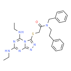 ChemSpider 2D Image | N-Benzyl-2-{[5,7-bis(ethylamino)[1,2,4]triazolo[4,3-a][1,3,5]triazin-3-yl]sulfanyl}-N-(2-phenylethyl)acetamide | C25H30N8OS