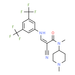 ChemSpider 2D Image | (2Z)-3-{[3,5-Bis(trifluoromethyl)phenyl]amino}-2-cyano-N-methyl-N-(1-methyl-4-piperidinyl)acrylamide | C19H20F6N4O