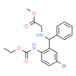 ChemSpider 2D Image | Methyl N-[{5-bromo-2-[(ethoxycarbonyl)amino]phenyl}(phenyl)methyl]glycinate | C19H21BrN2O4