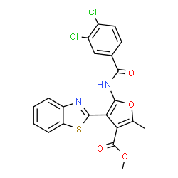 ChemSpider 2D Image | Methyl 4-(1,3-benzothiazol-2-yl)-5-[(3,4-dichlorobenzoyl)amino]-2-methyl-3-furoate | C21H14Cl2N2O4S