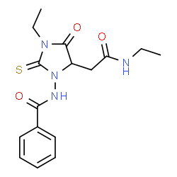 ChemSpider 2D Image | N-{3-Ethyl-5-[2-(ethylamino)-2-oxoethyl]-4-oxo-2-thioxo-1-imidazolidinyl}benzamide | C16H20N4O3S