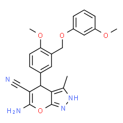 ChemSpider 2D Image | 6-amino-4-{4-methoxy-3-[(3-methoxyphenoxy)methyl]phenyl}-3-methyl-1,4-dihydropyrano[2,3-c]pyrazole-5-carbonitrile | C23H22N4O4