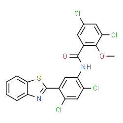 ChemSpider 2D Image | N-[5-(1,3-Benzothiazol-2-yl)-2,4-dichlorophenyl]-3,5-dichloro-2-methoxybenzamide | C21H12Cl4N2O2S