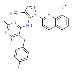 ChemSpider 2D Image | 5-{[2,6-Dimethyl-5-(4-methylbenzyl)-4-pyrimidinyl]amino}-1-(8-methoxy-4-methyl-2-quinolinyl)-1H-pyrazole-4-carbonitrile | C29H27N7O
