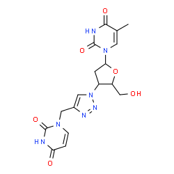 ChemSpider 2D Image | 1-(2,3-Dideoxy-3-{4-[(2,4-dioxo-3,4-dihydro-1(2H)-pyrimidinyl)methyl]-1H-1,2,3-triazol-1-yl}pentofuranosyl)-5-methyl-2,4(1H,3H)-pyrimidinedione | C17H19N7O6