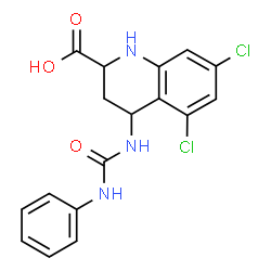 ChemSpider 2D Image | 5,7-Dichloro-4-[(phenylcarbamoyl)amino]-1,2,3,4-tetrahydro-2-quinolinecarboxylic acid | C17H15Cl2N3O3