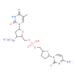 ChemSpider 2D Image | 1-{5-O-[{[5-(4-Amino-2-oxo-1(2H)-pyrimidinyl)tetrahydro-2-furanyl]methoxy}(hydroxy)phosphoryl]-3-azido-2,3-dideoxypentofuranosyl}-5-methyl-2,4(1H,3H)-pyrimidinedione | C19H25N8O9P