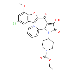 ChemSpider 2D Image | Ethyl 4-{3-[(5-chloro-7-methoxy-1-benzofuran-2-yl)carbonyl]-4-hydroxy-5-oxo-2-(2-pyridinyl)-2,5-dihydro-1H-pyrrol-1-yl}-1-piperidinecarboxylate | C27H26ClN3O7
