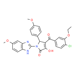 ChemSpider 2D Image | 4-(4-Chloro-3-ethoxybenzoyl)-3-hydroxy-1-(5-methoxy-1H-benzimidazol-2-yl)-5-(4-methoxyphenyl)-1,5-dihydro-2H-pyrrol-2-one | C28H24ClN3O6