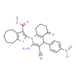 ChemSpider 2D Image | Methyl 2-[2-amino-3-cyano-4-(4-nitrophenyl)-5-oxo-5,6,7,8-tetrahydro-1(4H)-quinolinyl]-5,6,7,8-tetrahydro-4H-cyclohepta[b]thiophene-3-carboxylate | C27H26N4O5S