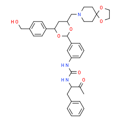 ChemSpider 2D Image | 1-(3-{4-(1,4-Dioxa-8-azaspiro[4.5]dec-8-ylmethyl)-6-[4-(hydroxymethyl)phenyl]-1,3-dioxan-2-yl}phenyl)-3-(3-oxo-1-phenyl-2-butanyl)urea | C36H43N3O7