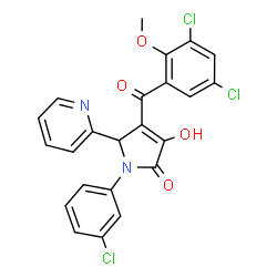 ChemSpider 2D Image | 1-(3-Chlorophenyl)-4-(3,5-dichloro-2-methoxybenzoyl)-3-hydroxy-5-(2-pyridinyl)-1,5-dihydro-2H-pyrrol-2-one | C23H15Cl3N2O4