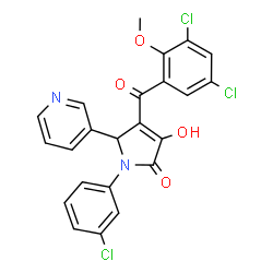 ChemSpider 2D Image | 1-(3-Chlorophenyl)-4-(3,5-dichloro-2-methoxybenzoyl)-3-hydroxy-5-(3-pyridinyl)-1,5-dihydro-2H-pyrrol-2-one | C23H15Cl3N2O4