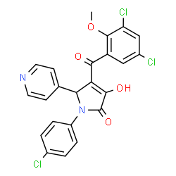 ChemSpider 2D Image | 1-(4-Chlorophenyl)-4-(3,5-dichloro-2-methoxybenzoyl)-3-hydroxy-5-(4-pyridinyl)-1,5-dihydro-2H-pyrrol-2-one | C23H15Cl3N2O4