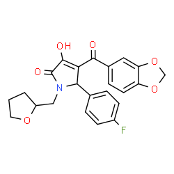 ChemSpider 2D Image | 4-(1,3-Benzodioxol-5-ylcarbonyl)-5-(4-fluorophenyl)-3-hydroxy-1-(tetrahydro-2-furanylmethyl)-1,5-dihydro-2H-pyrrol-2-one | C23H20FNO6