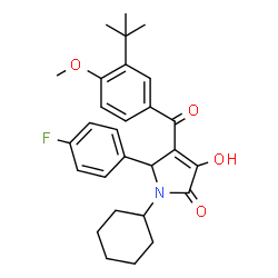 ChemSpider 2D Image | 1-Cyclohexyl-5-(4-fluorophenyl)-3-hydroxy-4-[4-methoxy-3-(2-methyl-2-propanyl)benzoyl]-1,5-dihydro-2H-pyrrol-2-one | C28H32FNO4