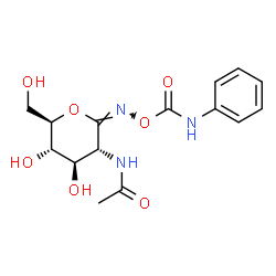 ChemSpider 2D Image | N-[(2E,3R,4R,5S,6R)-4,5-Dihydroxy-6-(hydroxymethyl)-2-{[(phenylcarbamoyl)oxy]imino}tetrahydro-2H-pyran-3-yl]acetamide (non-preferred name) | C15H19N3O7