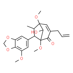 ChemSpider 2D Image | 3-Allyl-8-hydroxy-1,5-dimethoxy-7-(7-methoxy-1,3-benzodioxol-5-yl)-6-methylbicyclo[3.2.1]oct-3-en-2-one | C22H26O7
