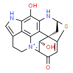 ChemSpider 2D Image | (1R,20R)-11,20-Dihydroxy-18-oxo-15-thia-9,13-diaza-4-azoniaheptacyclo[12.6.1.1~3,7~.0~1,16~.0~2,12~.0~4,19~.0~10,22~]docosa-2,4(19),7,10(22),11,16-hexaene | C18H14N3O3S