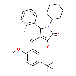 ChemSpider 2D Image | 1-Cyclohexyl-5-(2-fluorophenyl)-3-hydroxy-4-[2-methoxy-5-(2-methyl-2-propanyl)benzoyl]-1,5-dihydro-2H-pyrrol-2-one | C28H32FNO4