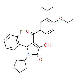 ChemSpider 2D Image | 1-Cyclopentyl-4-[4-ethoxy-3-(2-methyl-2-propanyl)benzoyl]-5-(2-fluorophenyl)-3-hydroxy-1,5-dihydro-2H-pyrrol-2-one | C28H32FNO4