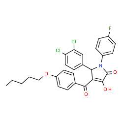 ChemSpider 2D Image | 5-(3,4-Dichlorophenyl)-1-(4-fluorophenyl)-3-hydroxy-4-[4-(pentyloxy)benzoyl]-1,5-dihydro-2H-pyrrol-2-one | C28H24Cl2FNO4