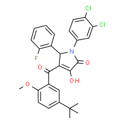 ChemSpider 2D Image | 1-(3,4-Dichlorophenyl)-5-(2-fluorophenyl)-3-hydroxy-4-[2-methoxy-5-(2-methyl-2-propanyl)benzoyl]-1,5-dihydro-2H-pyrrol-2-one | C28H24Cl2FNO4