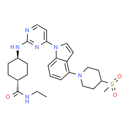 ChemSpider 2D Image | trans-N-Ethyl-4-[(4-{4-[4-(methylsulfonyl)-1-piperidinyl]-1H-indol-1-yl}-2-pyrimidinyl)amino]cyclohexanecarboxamide | C27H36N6O3S