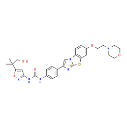 ChemSpider 2D Image | 1-[5-(1-Hydroxy-2-methyl-2-propanyl)-1,2-oxazol-3-yl]-3-(4-{7-[2-(4-morpholinyl)ethoxy]imidazo[2,1-b][1,3]benzothiazol-2-yl}phenyl)urea | C29H32N6O5S