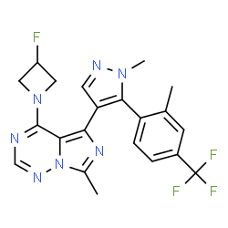 ChemSpider 2D Image | 4-(3-Fluoro-1-azetidinyl)-7-methyl-5-{1-methyl-5-[2-methyl-4-(trifluoromethyl)phenyl]-1H-pyrazol-4-yl}imidazo[5,1-f][1,2,4]triazine | C21H19F4N7