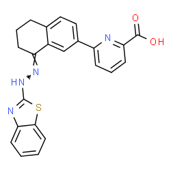 ChemSpider 2D Image | 6-[(8E)-8-(1,3-Benzothiazol-2-ylhydrazono)-5,6,7,8-tetrahydro-2-naphthalenyl]-2-pyridinecarboxylic acid | C23H18N4O2S