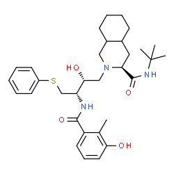 ChemSpider 2D Image | (3S)-2-[(2R,3S)-2-Hydroxy-3-[(3-hydroxy-2-methylbenzoyl)amino]-4-(phenylsulfanyl)butyl]-N-(2-methyl-2-propanyl)decahydro-3-isoquinolinecarboxamide | C32H45N3O4S